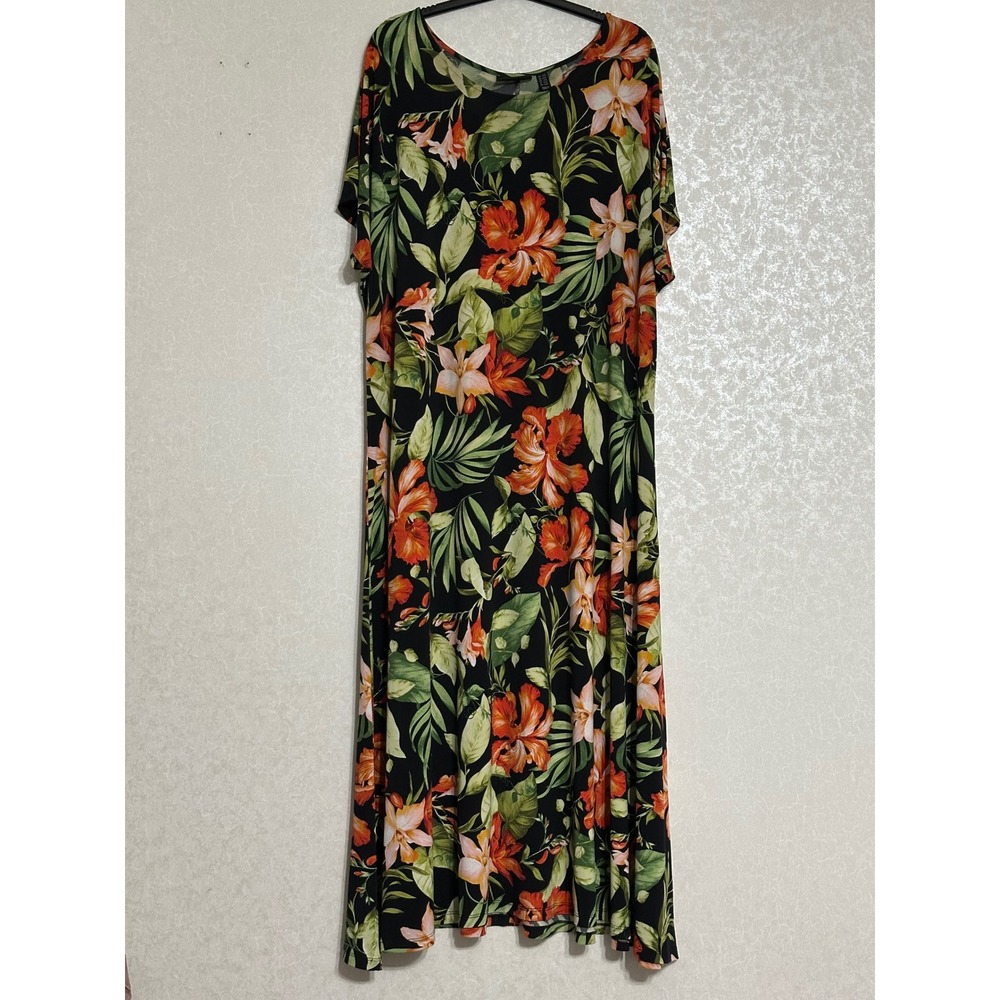 Attitudes by Renee Tropical Hawaiian Floral Maxi Dress Green Black Boho Sz 2XP